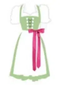 Illustration eines traditionellen Landhausmode-Kleides mit grünem Mieder, weißen Puffärmeln, einer weißen Schürze und einer rosa Schleife, die in der Taille gebunden wird.