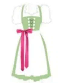 Illustration eines von der Landhausmode inspirierten Trachtenkleides mit hellgrünem Mieder, weißen Puffärmeln, weißer Schürze und einem hellrosa Band, das in der Taille gebunden wird.