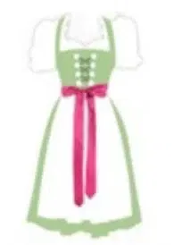 Illustration eines traditionellen Landhausmode-Kleides mit hellgrünem Mieder und Rock, weißen Puffärmeln, einer weißen Schürze und einem hellrosa Band, das in der Taille gebunden wird.