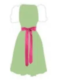 Eine einfache Illustration eines hellgrünen Kleides mit tailliertem Mieder und ausgestelltem Rock, mit von der Landhausmode inspirierten Details und einem leuchtend rosa Band, das in der Taille zu einer Schleife gebunden wird.
