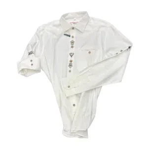 Ein langärmeliges weißes Westernhemd mit dekorativen Stickereien entlang der Knopfleiste und an den Manschetten, die auf einem einfarbig weißen Hintergrund dargestellt sind.