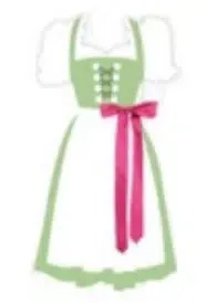 Illustration eines traditionellen Landhausmode-Kleides mit grünem Mieder, weißen Puffärmeln, einer weißen Schürze und einer rosa Schleife, die in der Taille gebunden wird.