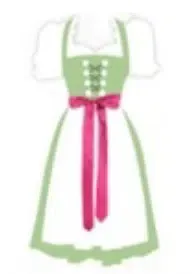 Illustration eines traditionellen Landhausmode-Kleides mit hellgrünem Mieder und Rock, weißen Puffärmeln, einer weißen Schürze und einem hellrosa Band, das in der Taille gebunden wird.