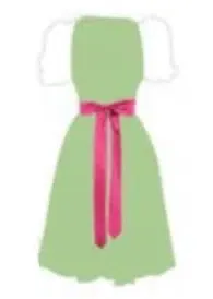 Eine einfache Illustration eines hellgrünen Kleides mit tailliertem Mieder und ausgestelltem Rock, mit von der Landhausmode inspirierten Details und einem leuchtend rosa Band, das in der Taille zu einer Schleife gebunden wird.