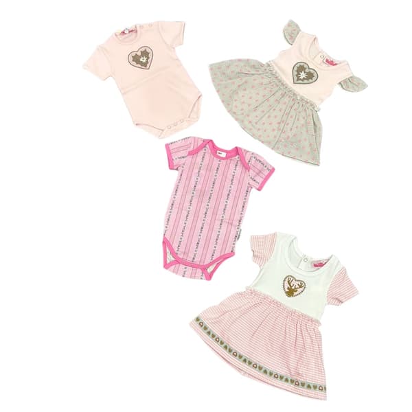 Baby Trachtenmode: rosa Strampler und Kleidchen mit Herzmotiv
