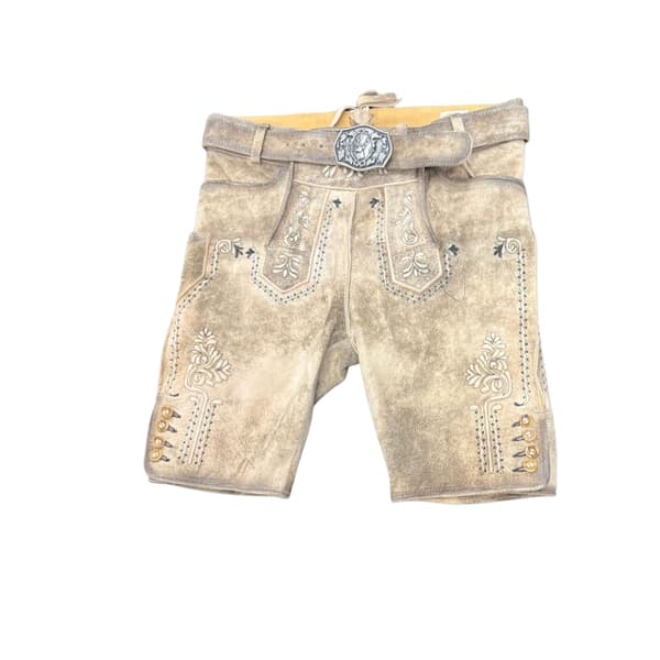 Kurze Herren Lederhose in Hellbraun mit Stickerei und Gürtel