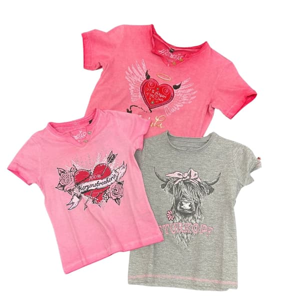Kinder T-Shirts in Rosa und Grau mit Herz- und Tiermotiven